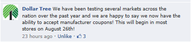 Dollar Tree will now be taking manufactured coupons!!!!