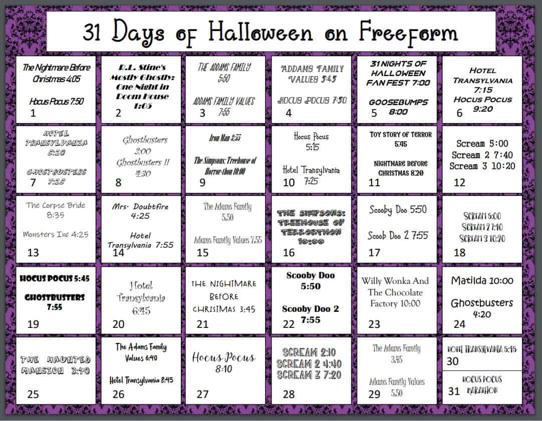 31 Days of Halloween on Freeform Printable Calendar